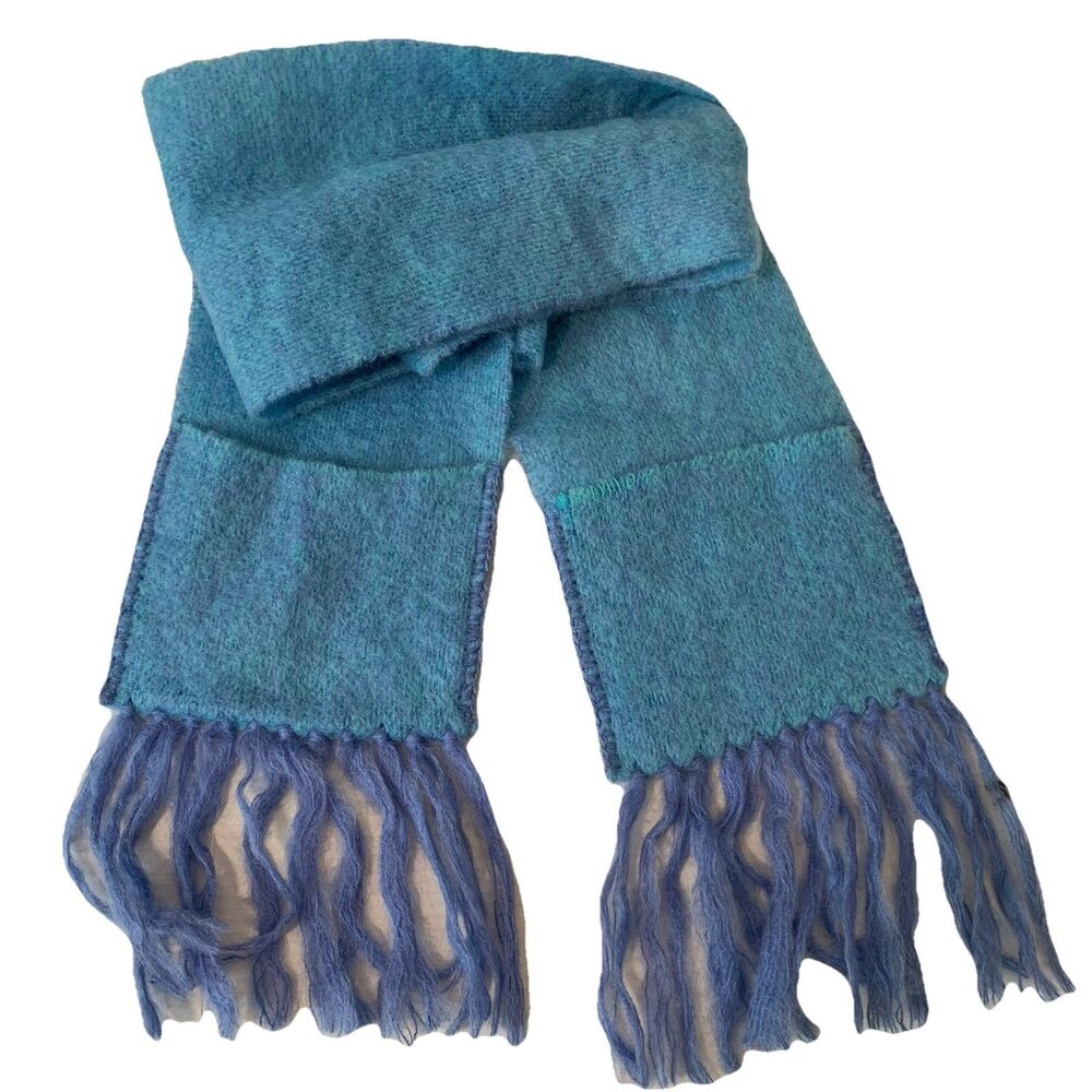 Vtg Dongal Designs Scarf Pockets Tassels 70% Mohair 30% Wool Blue Fuzzy Ireland‎